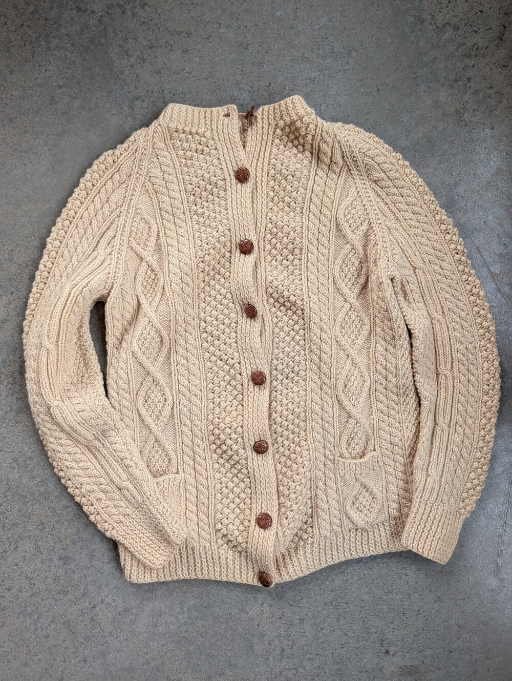Irish Wool Cable Knit Fisherman Cardigan Vintage 1970s *Flaw*